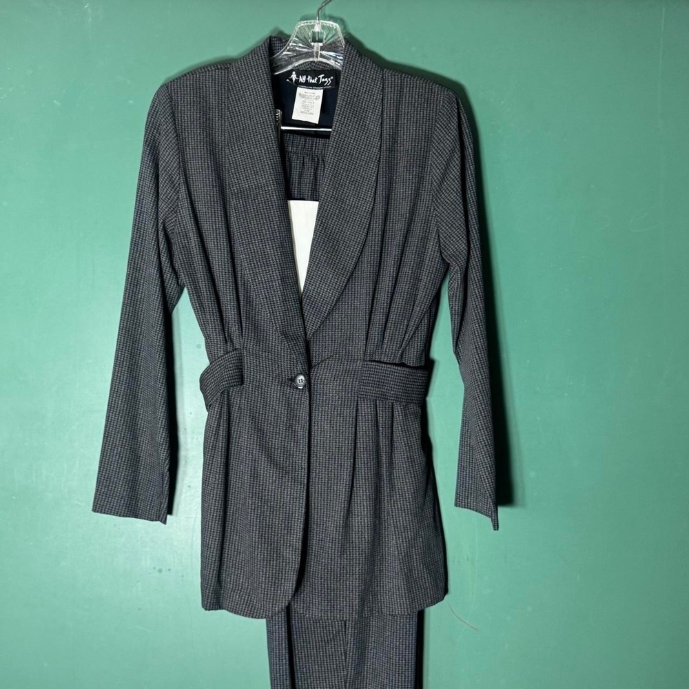 All That Jazz Vintage 90s Two Piece Pant Suit Gingham Plaid Grey Black Size 7/8